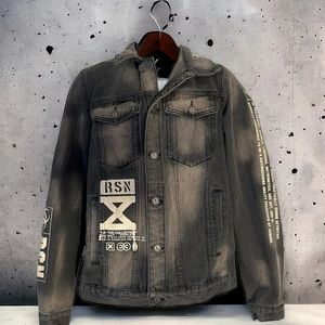 Reason Denim Jean Jacket Gray Black White Writing Goth Motorcore Grunge Sz L